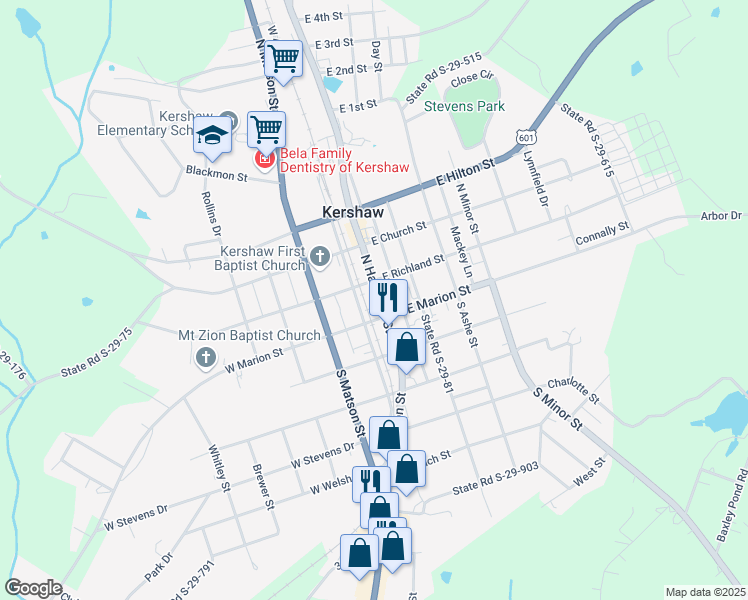 map of restaurants, bars, coffee shops, grocery stores, and more near 101 North Hampton Street in Kershaw