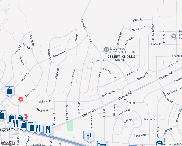 map of restaurants, bars, coffee shops, grocery stores, and more near Munsee Road in Apple Valley