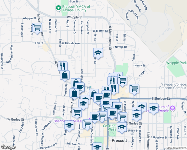 map of restaurants, bars, coffee shops, grocery stores, and more near 429 Campbell Street in Prescott