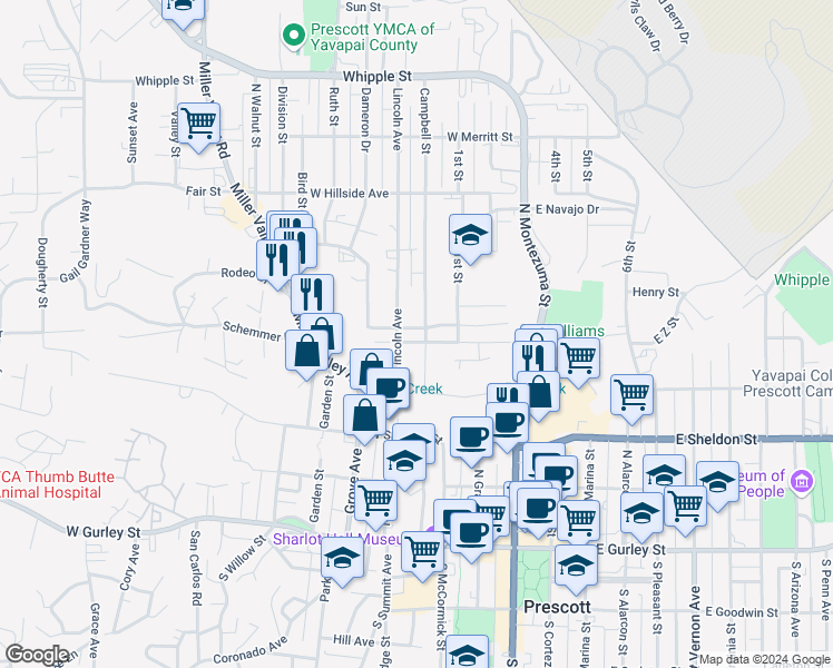 map of restaurants, bars, coffee shops, grocery stores, and more near 435 Lincoln Avenue in Prescott