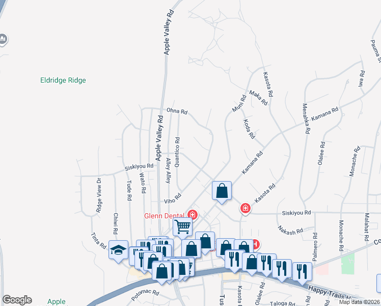 map of restaurants, bars, coffee shops, grocery stores, and more near 16348 Siskiyou Road in Apple Valley