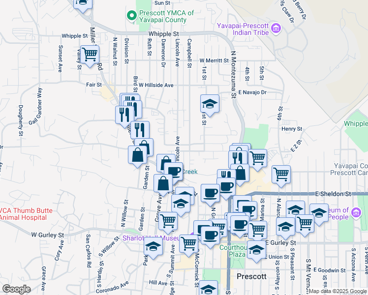 map of restaurants, bars, coffee shops, grocery stores, and more near 410 Madison Avenue in Prescott
