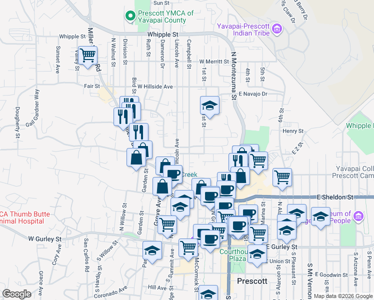 map of restaurants, bars, coffee shops, grocery stores, and more near 435 Lincoln Avenue in Prescott