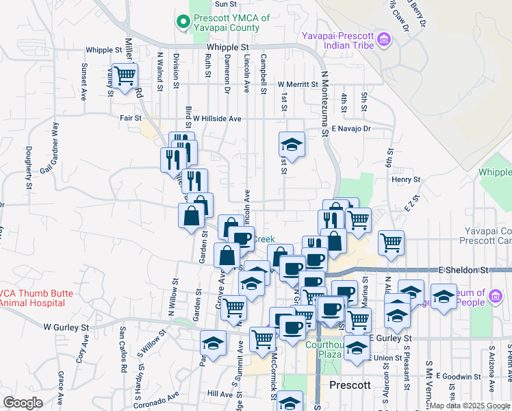 map of restaurants, bars, coffee shops, grocery stores, and more near 410 Madison Avenue in Prescott