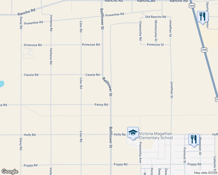 map of restaurants, bars, coffee shops, grocery stores, and more near 2 Bellflower Street in Adelanto
