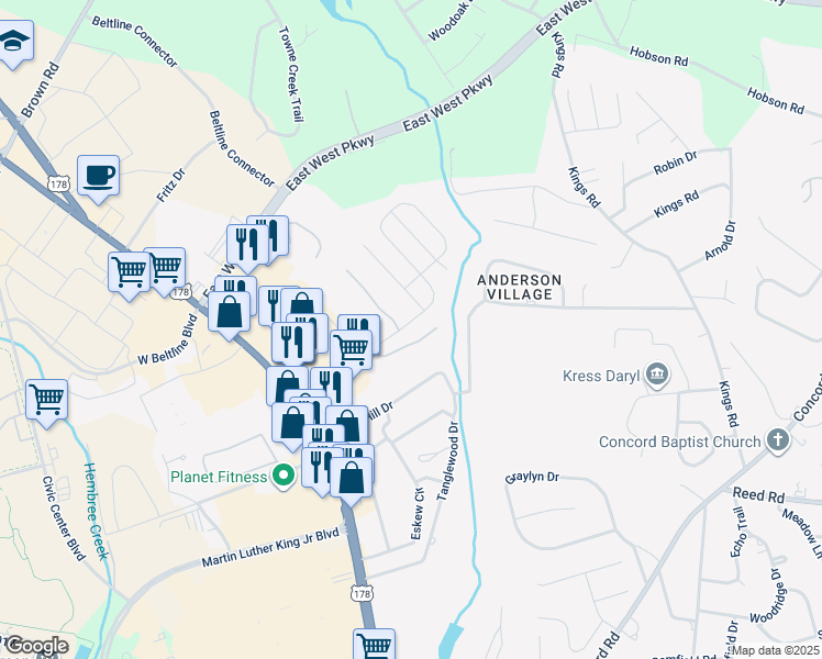 map of restaurants, bars, coffee shops, grocery stores, and more near 200 Miracle Mile Drive in Anderson