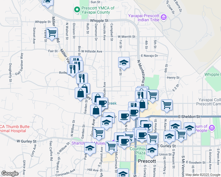 map of restaurants, bars, coffee shops, grocery stores, and more near 408 Madison Avenue in Prescott