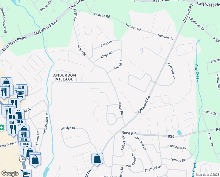 map of restaurants, bars, coffee shops, grocery stores, and more near 305 Kings Road in Anderson