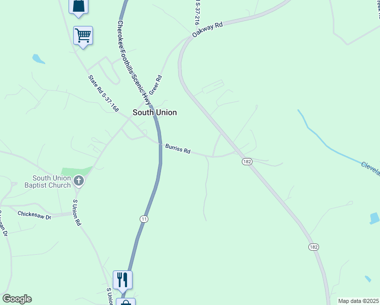 map of restaurants, bars, coffee shops, grocery stores, and more near 124 Burriss Road in Fair Play