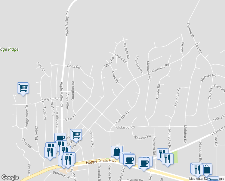 map of restaurants, bars, coffee shops, grocery stores, and more near Kamana Court in Apple Valley