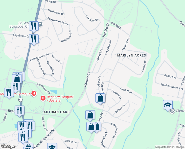 map of restaurants, bars, coffee shops, grocery stores, and more near 6 Fawn Hill Drive in Anderson