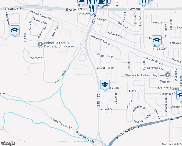map of restaurants, bars, coffee shops, grocery stores, and more near 2451 Desert Oak Drive in Palmdale