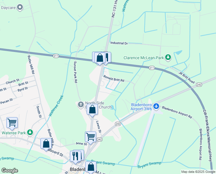 map of restaurants, bars, coffee shops, grocery stores, and more near Tulip Drive in Bladenboro