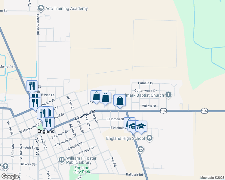 map of restaurants, bars, coffee shops, grocery stores, and more near 817 England Avenue in England
