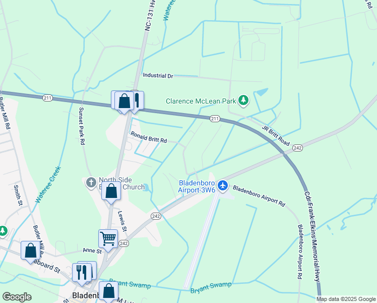 map of restaurants, bars, coffee shops, grocery stores, and more near 341 Ronald Britt Road in Bladenboro