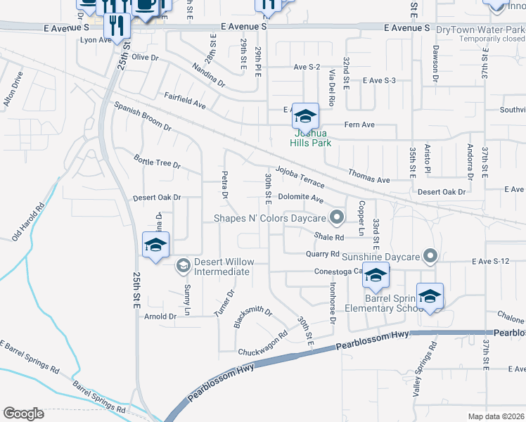 map of restaurants, bars, coffee shops, grocery stores, and more near 36729 Arbolada Lane in Palmdale