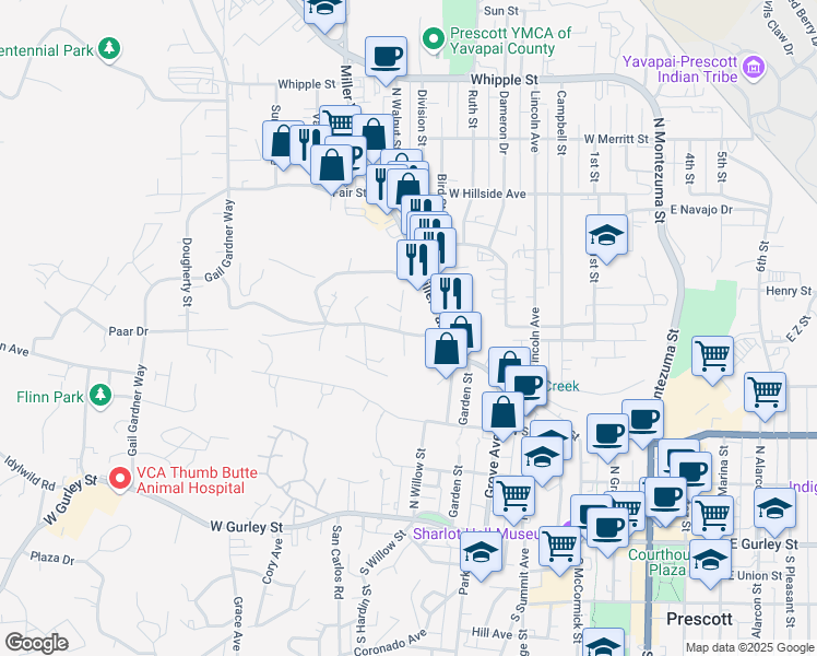 map of restaurants, bars, coffee shops, grocery stores, and more near 510 Miller Valley Road in Prescott