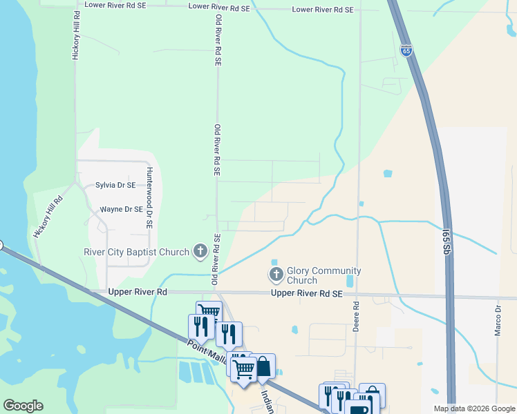 map of restaurants, bars, coffee shops, grocery stores, and more near Old River Road Southeast in Decatur