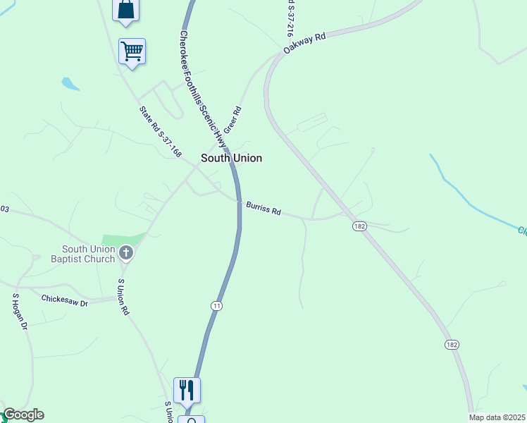 map of restaurants, bars, coffee shops, grocery stores, and more near 124 Burriss Road in Fair Play
