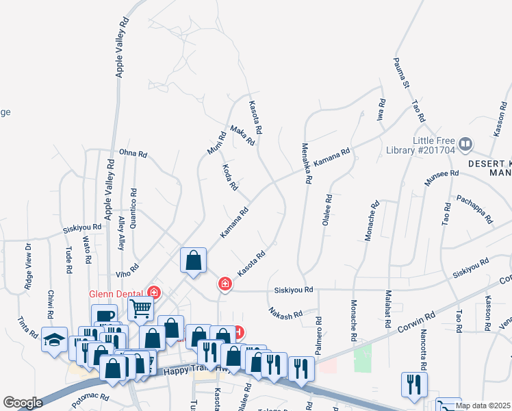 map of restaurants, bars, coffee shops, grocery stores, and more near 16379 Kamana Road in Apple Valley