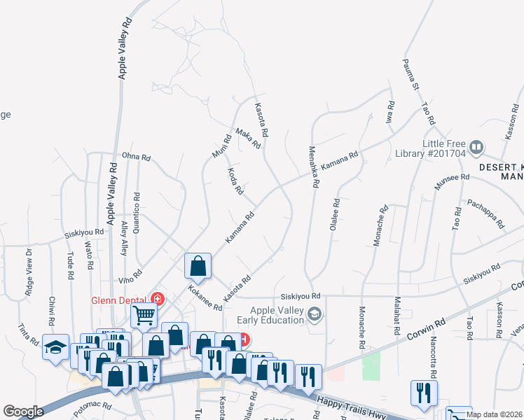 map of restaurants, bars, coffee shops, grocery stores, and more near 16413 Kamana Road in Apple Valley