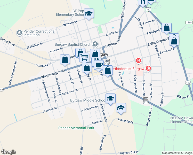 map of restaurants, bars, coffee shops, grocery stores, and more near 105 West Fremont Street in Burgaw