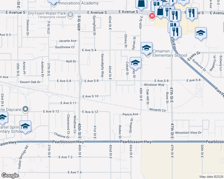 map of restaurants, bars, coffee shops, grocery stores, and more near 36728 42nd Street East in Palmdale