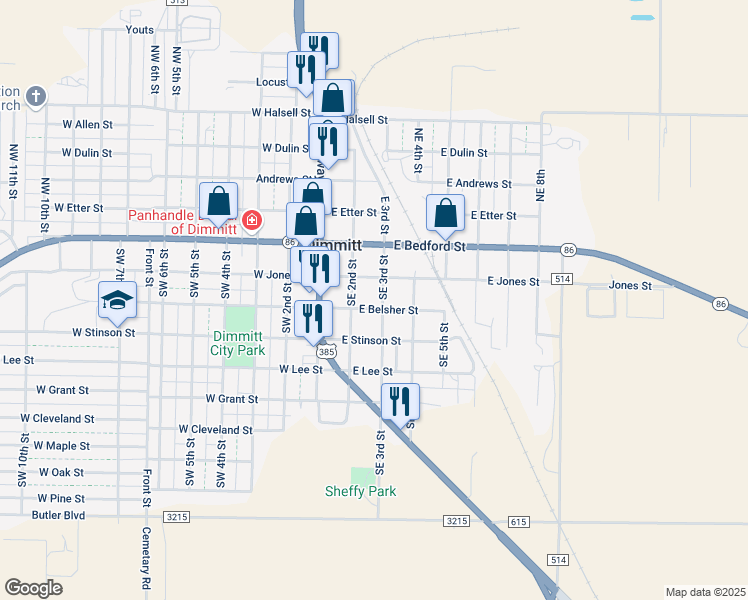 map of restaurants, bars, coffee shops, grocery stores, and more near 200-298 East Jones Street in Dimmitt