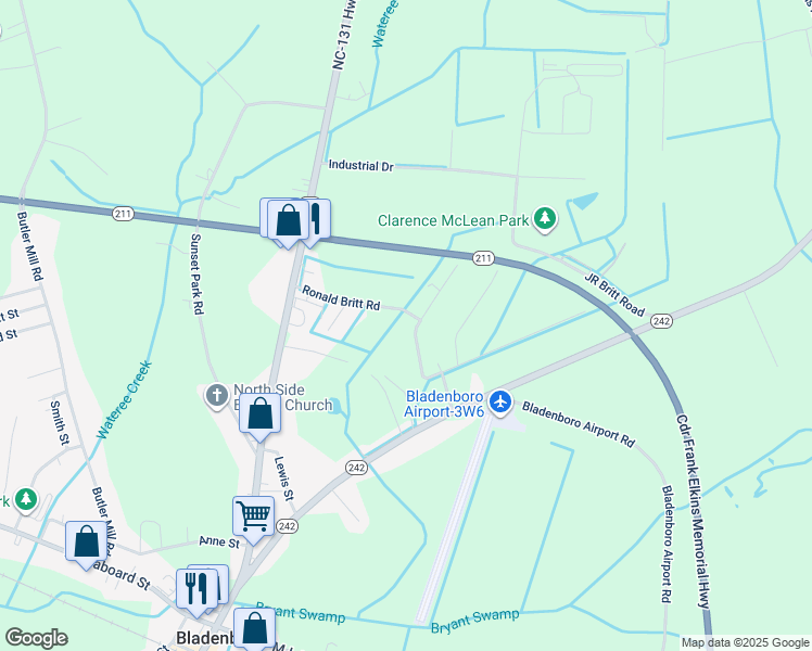 map of restaurants, bars, coffee shops, grocery stores, and more near 354 Ronald Britt Road in Bladenboro