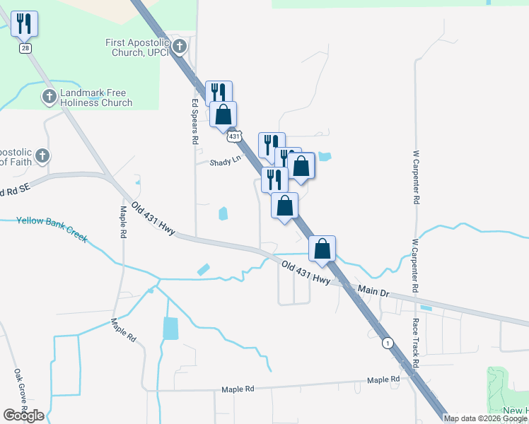 map of restaurants, bars, coffee shops, grocery stores, and more near 10160 U.S. 431 in New Hope