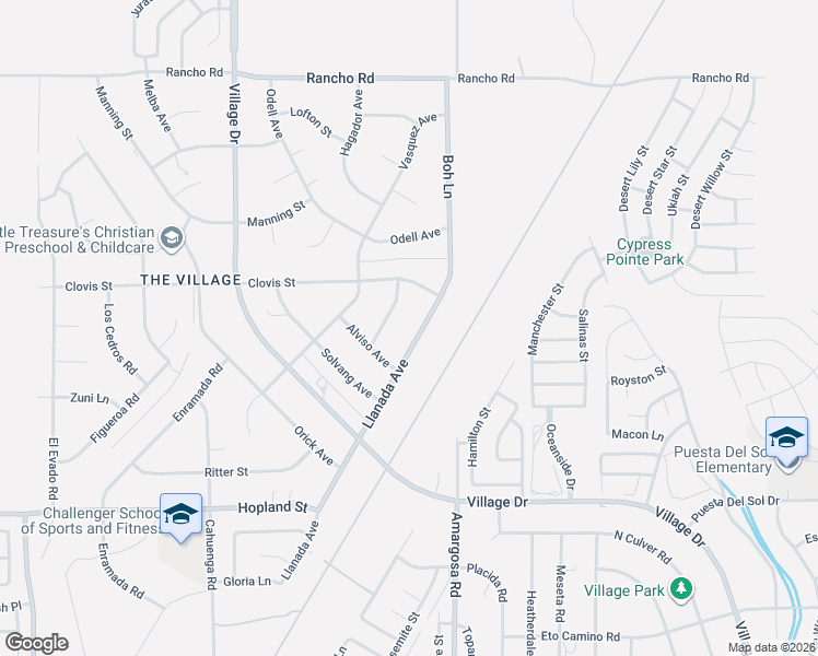 map of restaurants, bars, coffee shops, grocery stores, and more near 16426 Llanada Avenue in Victorville