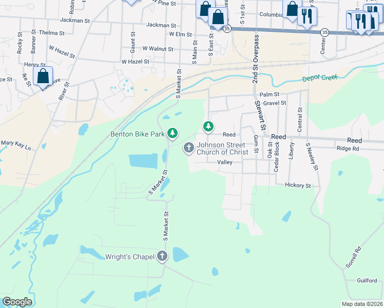 map of restaurants, bars, coffee shops, grocery stores, and more near 103 Johnson Street in Benton