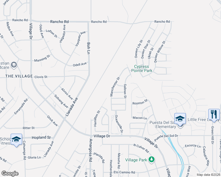 map of restaurants, bars, coffee shops, grocery stores, and more near 16410 Manchester Street in Victorville