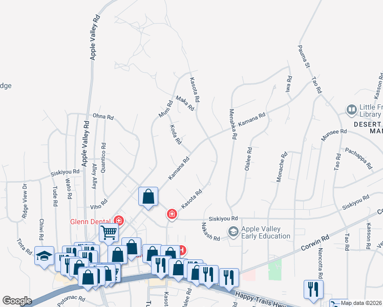 map of restaurants, bars, coffee shops, grocery stores, and more near Kamana Road in Apple Valley