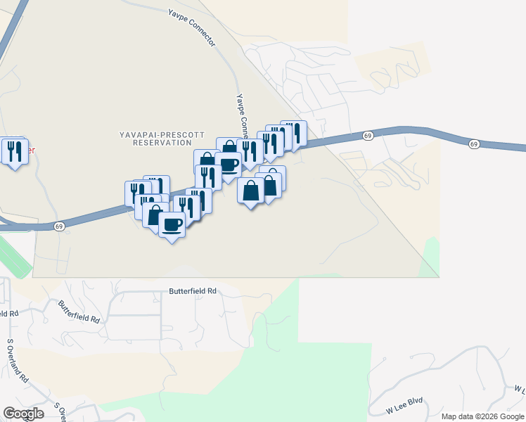 map of restaurants, bars, coffee shops, grocery stores, and more near 1851 Arizona 69 in Prescott
