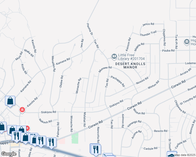 map of restaurants, bars, coffee shops, grocery stores, and more near Munsee Road in Apple Valley