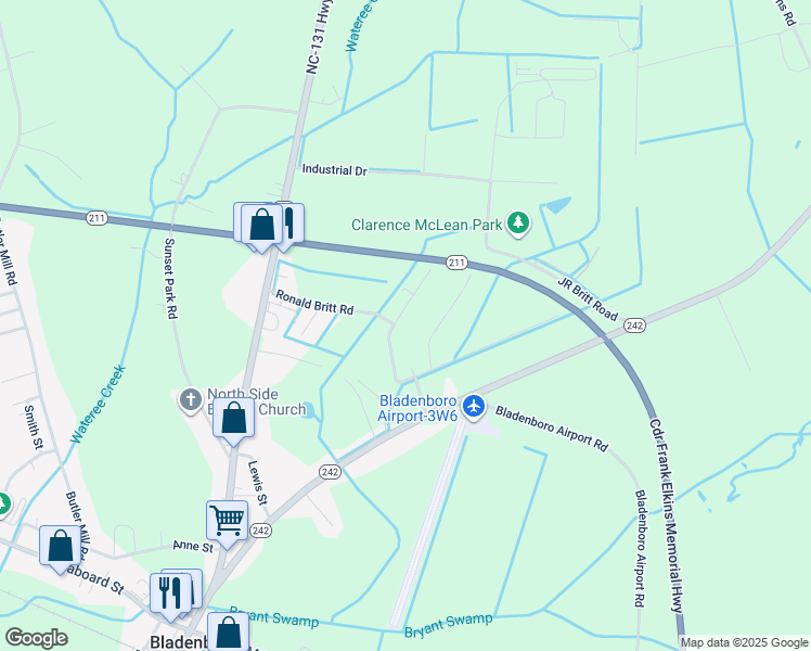 map of restaurants, bars, coffee shops, grocery stores, and more near 10 Holly Britt Court in Bladenboro