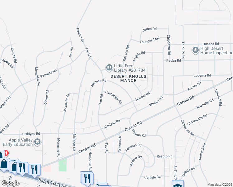 map of restaurants, bars, coffee shops, grocery stores, and more near 18950 Pachappa Road in Apple Valley