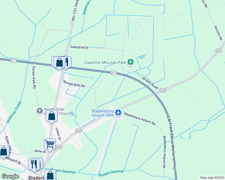 map of restaurants, bars, coffee shops, grocery stores, and more near Todd Britt Road in Bladenboro