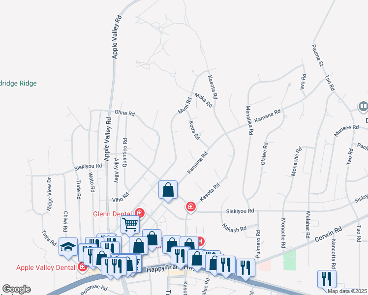 map of restaurants, bars, coffee shops, grocery stores, and more near 16382 Kamana Court in Apple Valley
