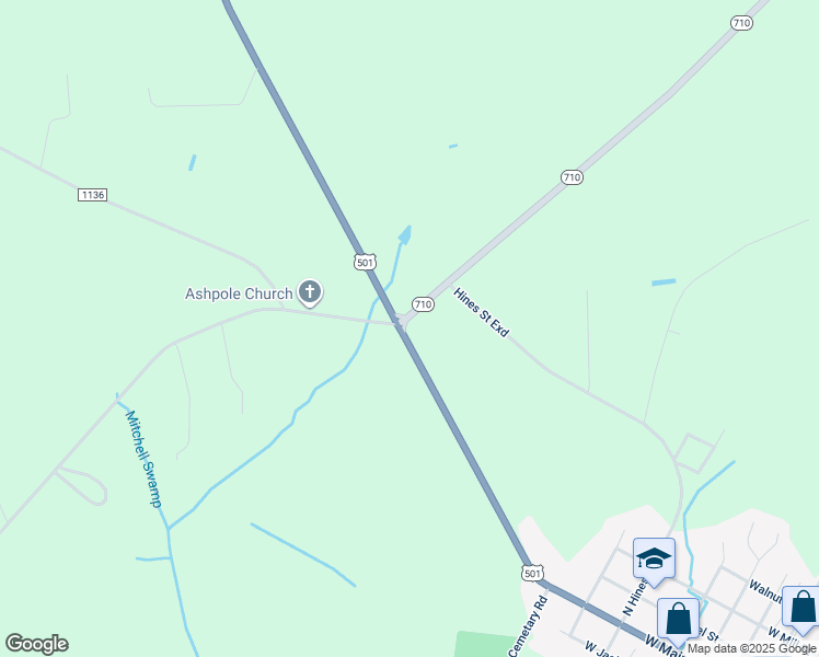 map of restaurants, bars, coffee shops, grocery stores, and more near North Carolina 130 in Rowland