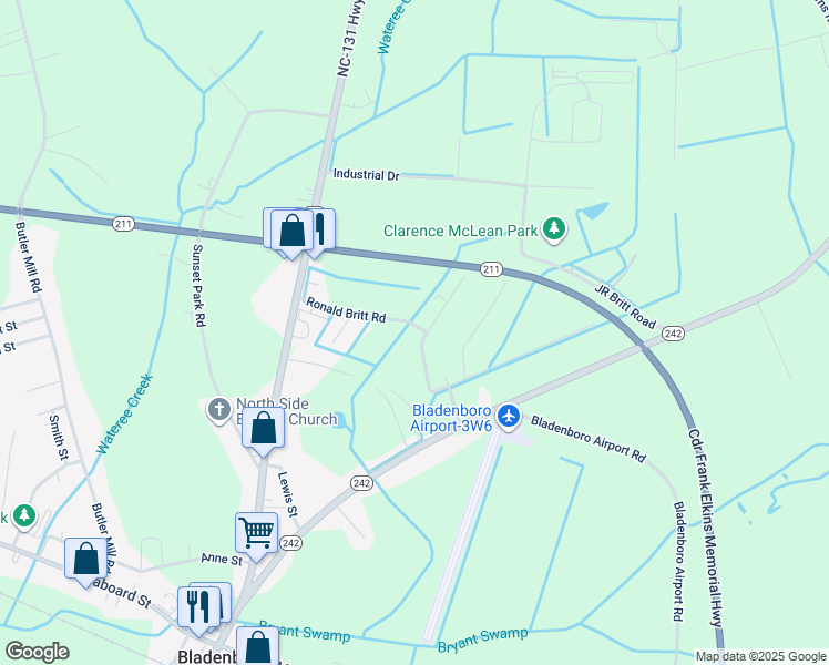 map of restaurants, bars, coffee shops, grocery stores, and more near 310 Ronald Britt Road in Bladenboro