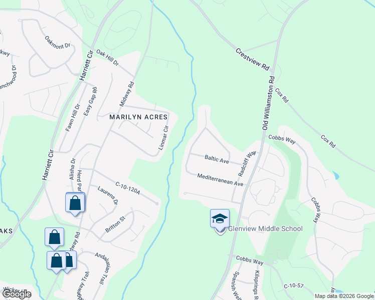 map of restaurants, bars, coffee shops, grocery stores, and more near 141 Mediterranean Avenue in Anderson