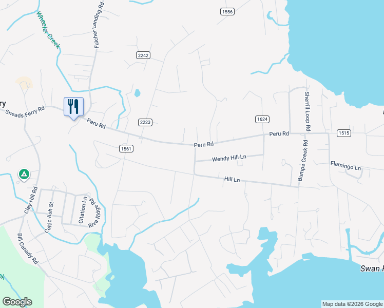 map of restaurants, bars, coffee shops, grocery stores, and more near 104 Hill Lane in Sneads Ferry