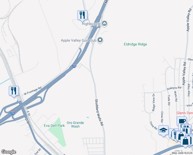 map of restaurants, bars, coffee shops, grocery stores, and more near Stoddard Wells Road in Apple Valley