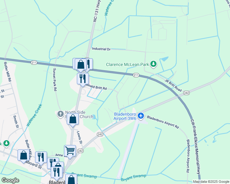 map of restaurants, bars, coffee shops, grocery stores, and more near 310 Ronald Britt Road in Bladenboro