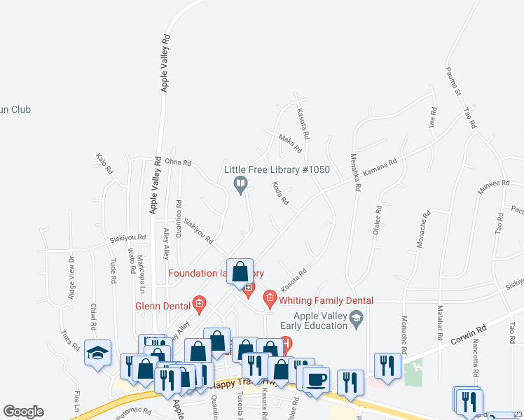 map of restaurants, bars, coffee shops, grocery stores, and more near 16382 Kamana Court in Apple Valley