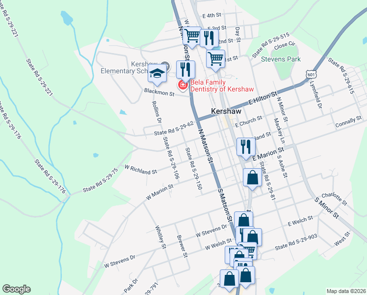 map of restaurants, bars, coffee shops, grocery stores, and more near 401 State Road S-29-75 in Kershaw