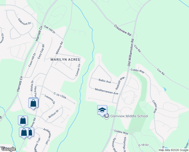 map of restaurants, bars, coffee shops, grocery stores, and more near 138 Mediterranean Avenue in Anderson