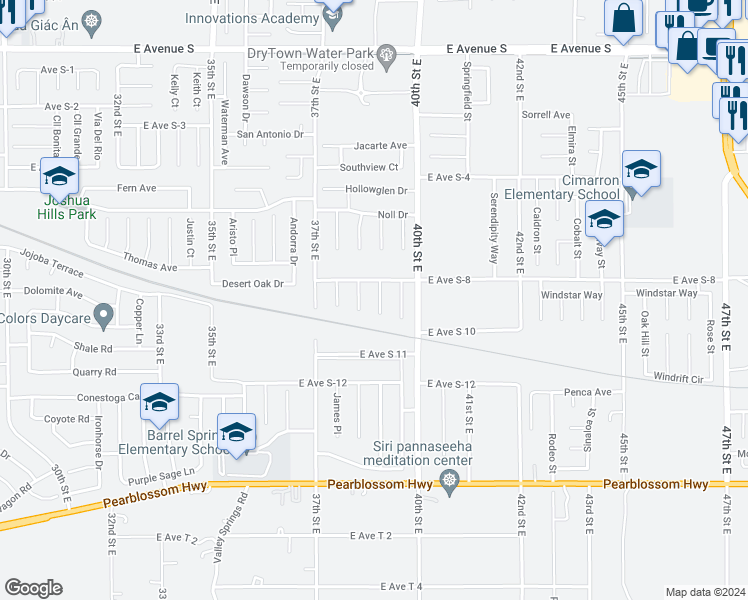 map of restaurants, bars, coffee shops, grocery stores, and more near 36745 Clearwood Court in Palmdale